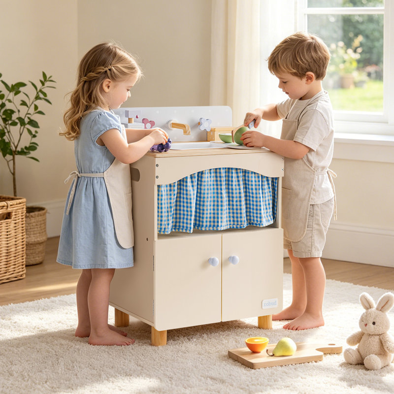 Toy Kitchen Cabinet with Realistic Sink and Faucet, Interactive Play Kitchen Sink with Running Water, Pretend Cleaning & Storage Activities for Kids