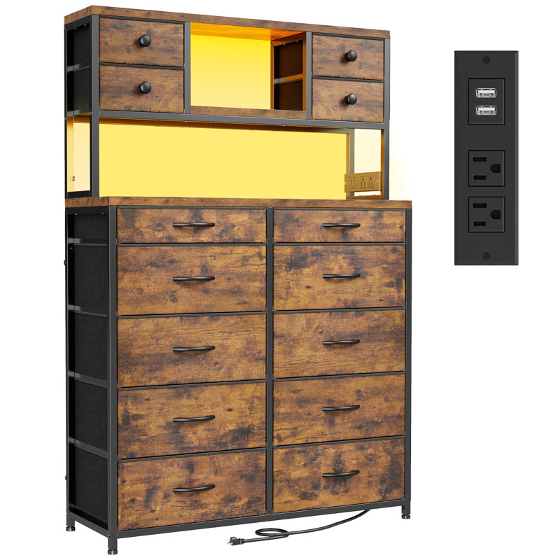Tall Dresser For Bedroom With 14 Drawers, 3 Open Shelves, Led Light And Power Outlet, Brown