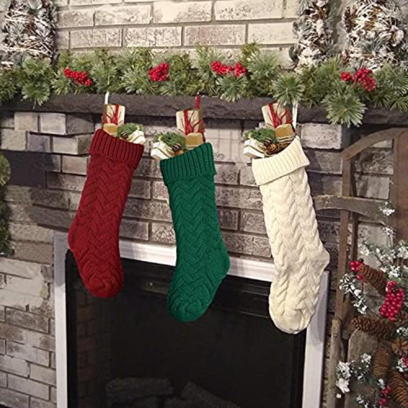 Bas de Noël en tricot avec étiquettes, paquet de 3 grands bas de Noël en câble 18 po rouge bourgogne classique, blanc ivoire, bas vert