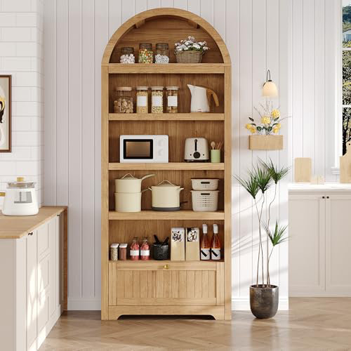 71" Tall Arched Storage Cabinet, 6 Tiers Arch Wooden Pantry Cabinet with Drawer, Adjustable Shelves, Open Display Shelves