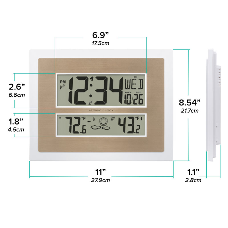 Atomic Digital Wall Clock with Temperature & Forecast in Black/Silver, White/Champagne