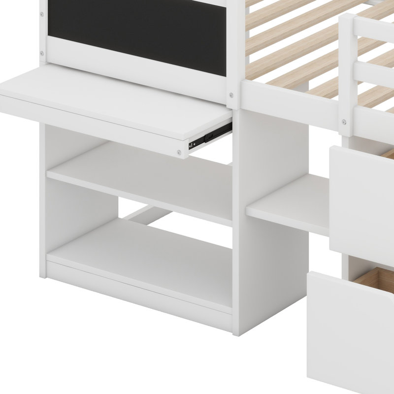 Lit mezzanine bas avec bureau roulant, tablette et tiroirs, blanc