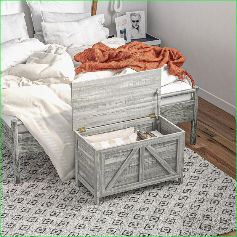 Coffre de rangement | Organisateur 30 po avec charnière de sécurité Farmhouse | Grain de bois gris ardoise | Panneau de particules | Chambre à coucher