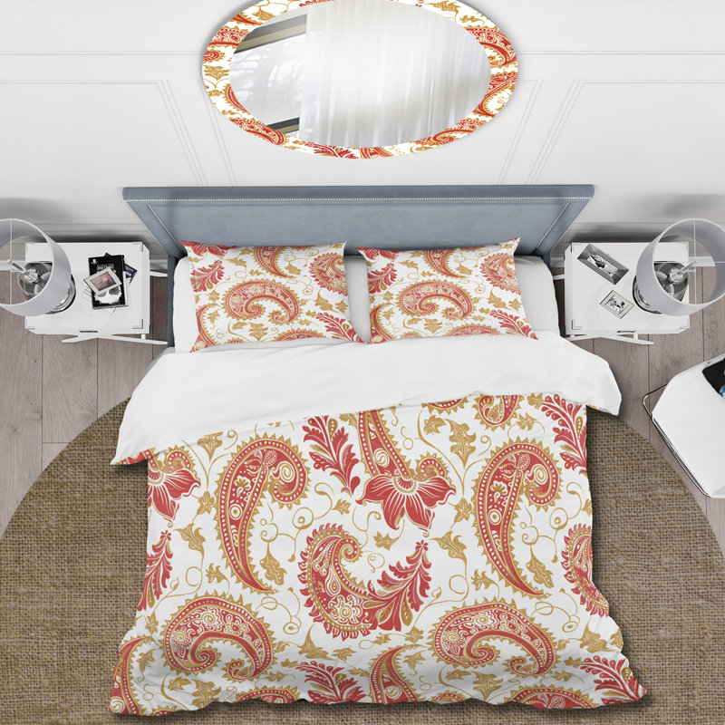 Red Vintage Paisley Dreams II - Ensemble de housse de couette rétro, Housse de couette pour grand lit et 2 taies décor