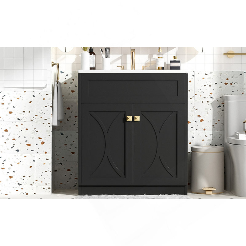 Meuble-lavabo 30 po avec lavabo en céramique, armoire de rangement autoportante moderne avec poignées dorées, portes à fermeture douce