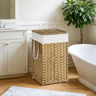 Panier à linge avec couvercle, 17,2 gallons (65 L) Panier à linge en rotin synthétique avec couvercle et poignées, doublure pliable et amovible
