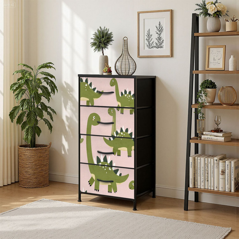 Commode de rangement verticale à 4 tiroirs avec dinosaure à la main