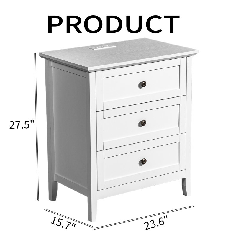 24 Inch 3 Drawer Nightstand With Melamine Surface USB Type C And US Standard Power Outlets, White