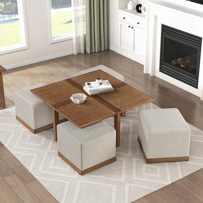 Table basse contemporaine carrée avec 4 tabourets rembourrés