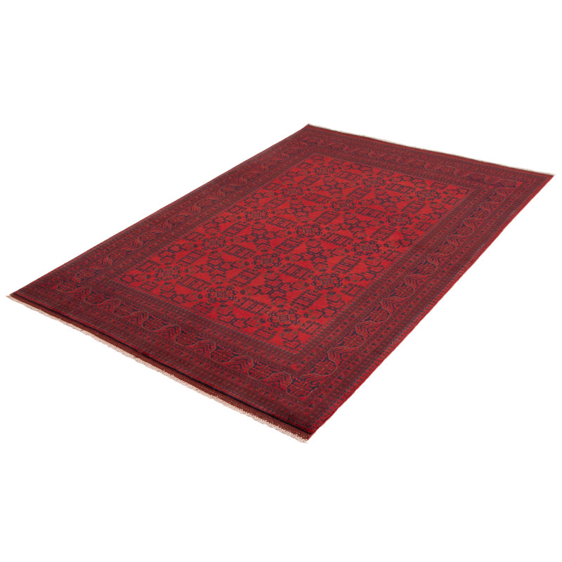 Tapis rouge en laine noué à la main de conception unique 6 pi 6 po x 9 pi 9 po Mosa