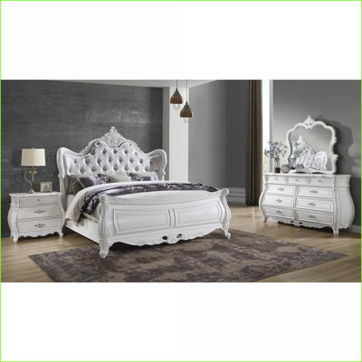 Bedroom Set, King 4-Piece Modern Wood Off-White with Storage | Wood | White by Red Barrel Studio