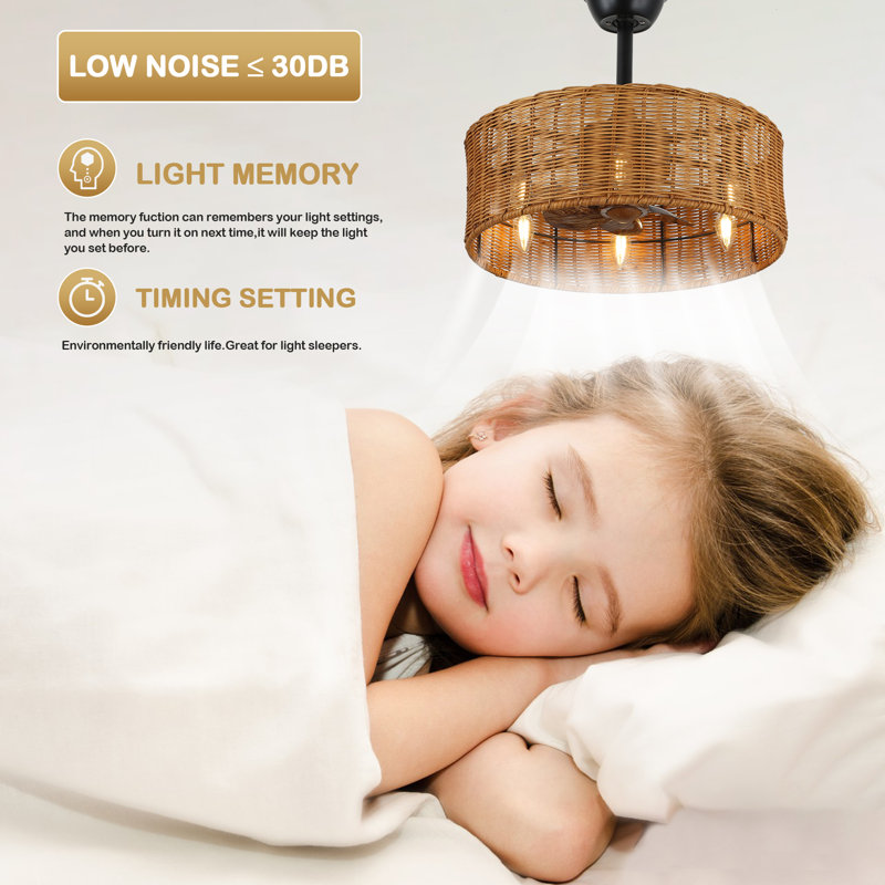 Ventilateur de plafond en cage 18 "avec lumière et télécommande 6 vitesses avec ventilateur en rotin et moteur à courant continu pour la cuisine de la chambre à coucher