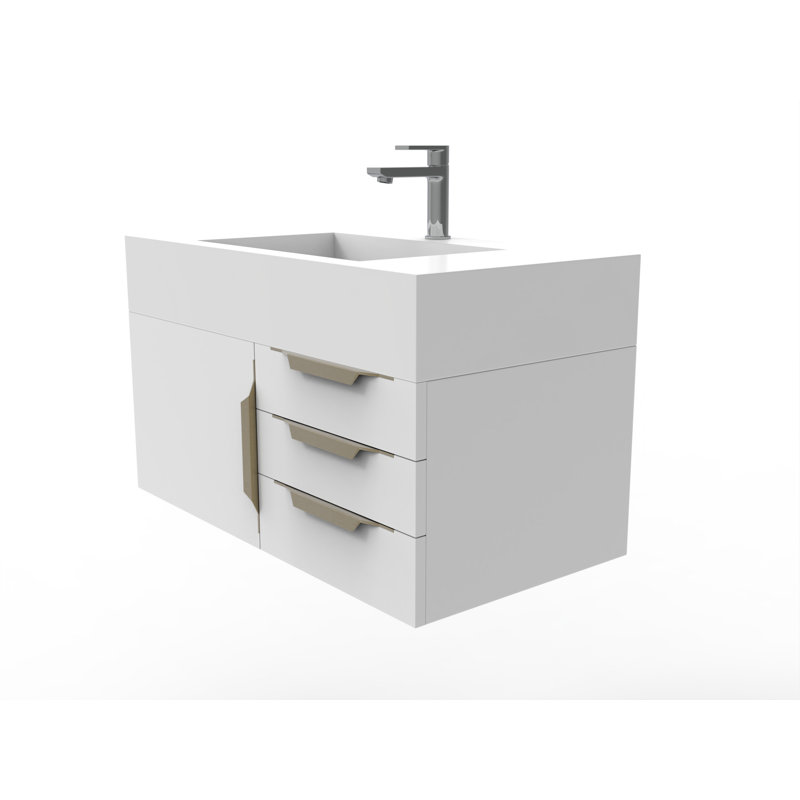 Ensemble de meuble-lavabo mural simple 36 po Nile, Blanc, Blanc, Or