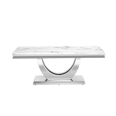 Luxury Faux Marble Coffee Table, 46.85" White Sofa Coffee Table with 0.71" Thick Marble Tabletop and Mirrored Stainless Steel Base, Modern Cocktail Table Center Table for Living Room Office