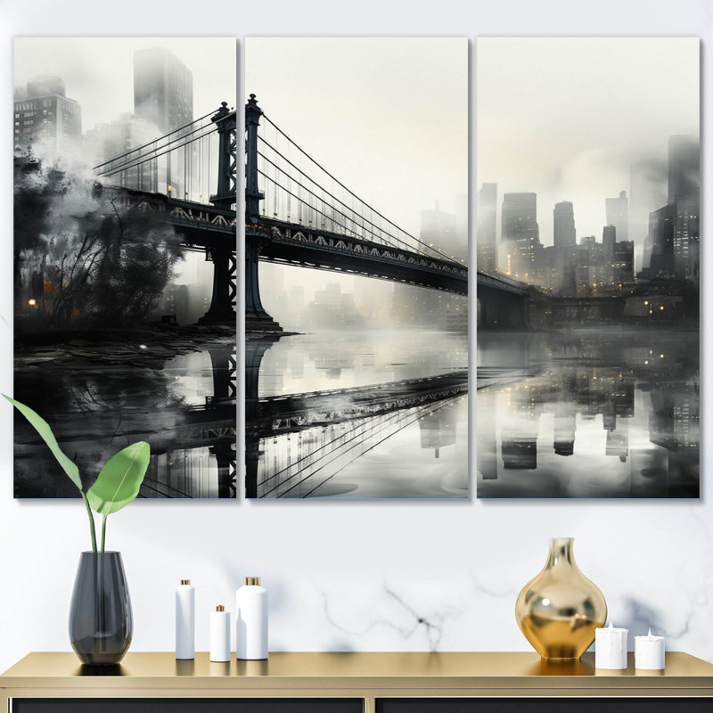 Impression sur toile 3 pièces Grey Bridge Urban, H 32 po x l 48 po x P 1 po
