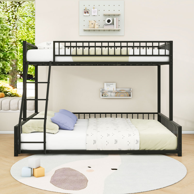 Bunk Bed Frame With Ladder And Guardrails, Twin Extra Long Over Queen, Black
