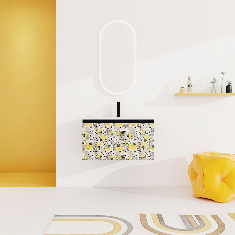 Meuble-lavabo mural simple en bois avec lavabo en céramique pour salle de bain