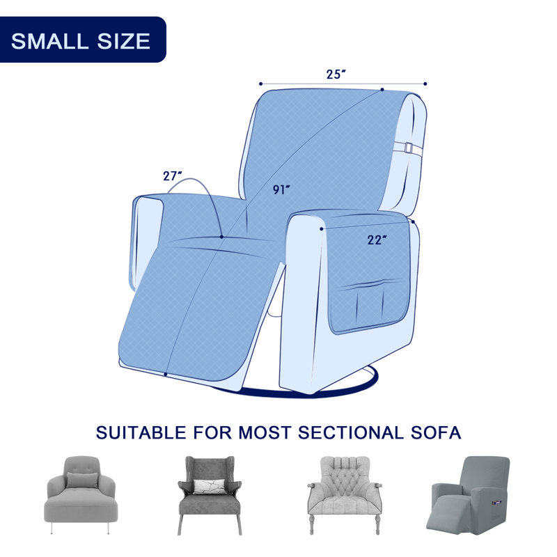 3 Layers Quilted Adjustable Strap Box Cushion Recliner Slipcover, Blue , 231cm H x 201cm W