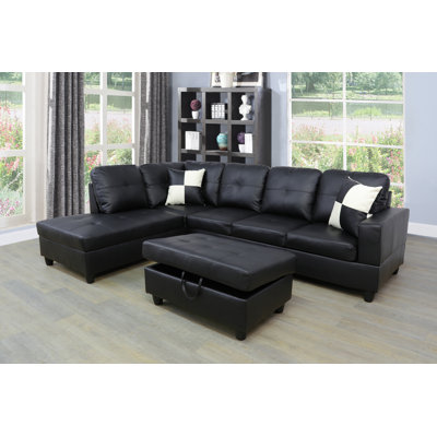 Black Faux Leather 3-Piece L-Shaped Sectional Sofa Set with Ottoman