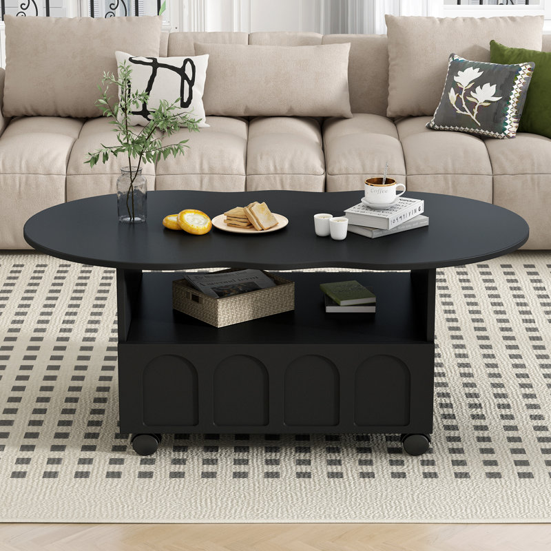 Table basse flexible de style crème avec 2 roues de frein, Noir, noir, noir, noir