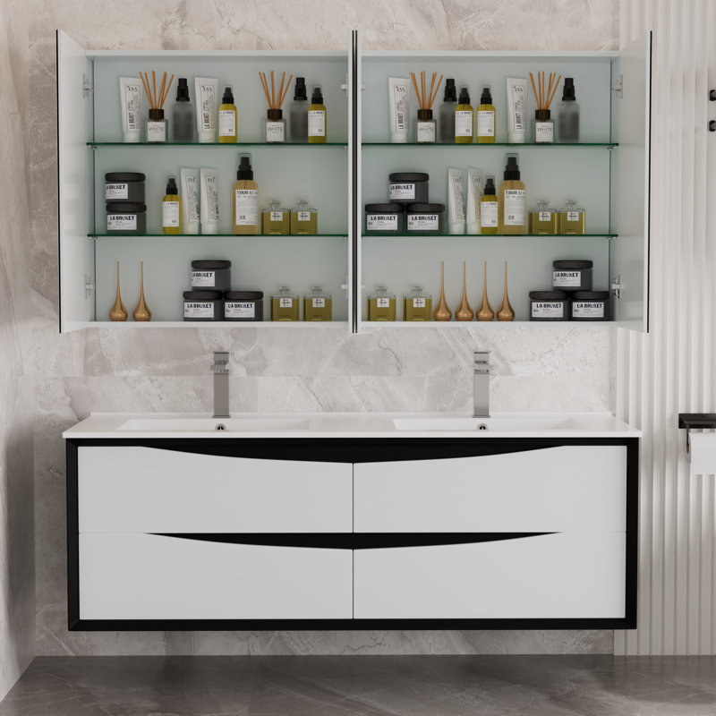 Meuble-lavabo double 60 po avec lavabo Lavaun, Noir / blanc
