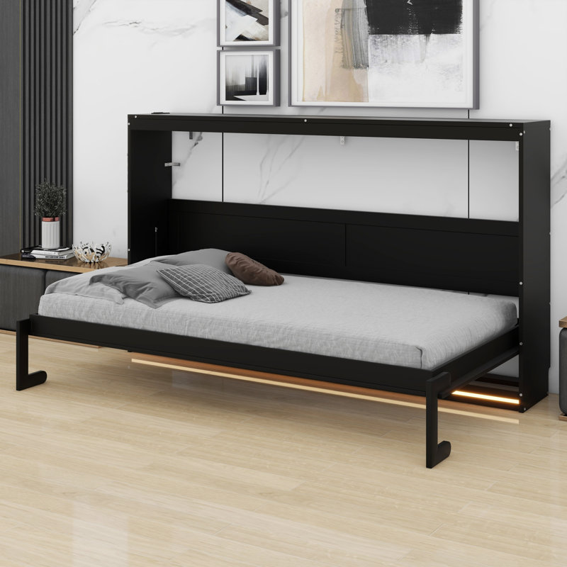 Lit escamotable compact avec motif imprimé décoratif, éclairage DEL et station de charge USB, Noir