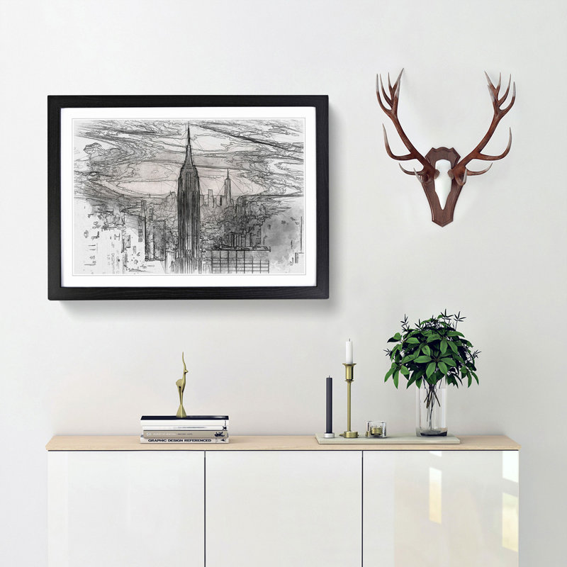 New York Skyline in Abstract - Picture Frame Graphic Art Print, 62cm H x 87cm W x 2cm D, Black Framed
