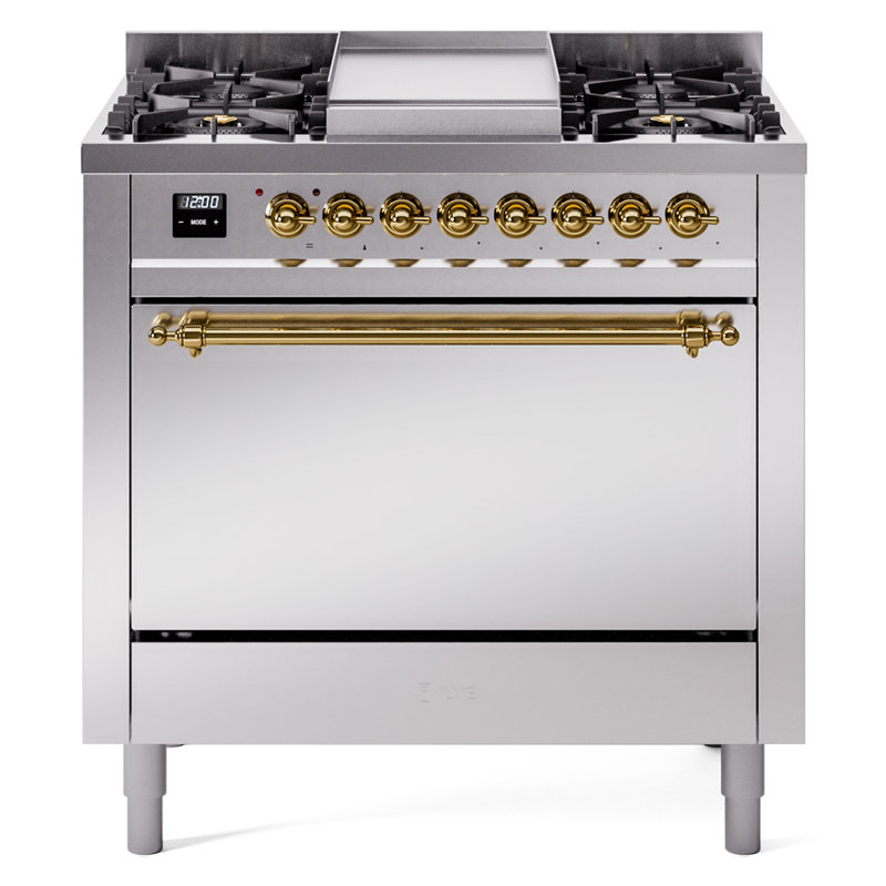 Cuisinière mixte 36 po ILVE Nostalgie II, Gaz naturel, Acier inoxydable / laiton