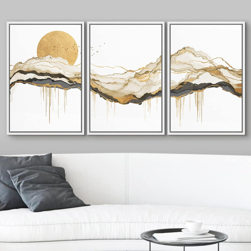 Gold Sun Mountain Abstract Landscape Artwork Pictures Wall Art Framed 3 Pieces Canvas Print, H 24 po x l 16 po x P 1,5 po