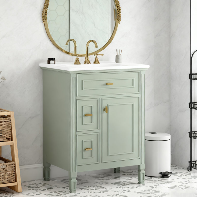 Meuble-lavabo autoportant de 24 pouces en bois massif et armoire en MDF avec tiroir rabattable, 2 tiroirs standards, Vert