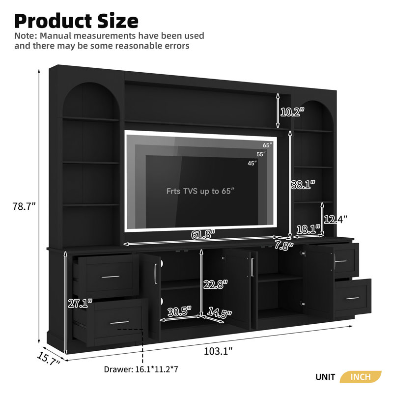 Meuble audio-vidéo 103 po pour console de télévision tout-en-un avec pont 103 po, Noir
