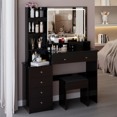 41" Large Size Left Bedside Cabinet Vanity Table+Cushioned Stool, Extra Large Touch Control LED Mirror, 3-Colour Switch, Multi Layer High Capacity Storage Fashionable Dresser, Suitable For Large Space
