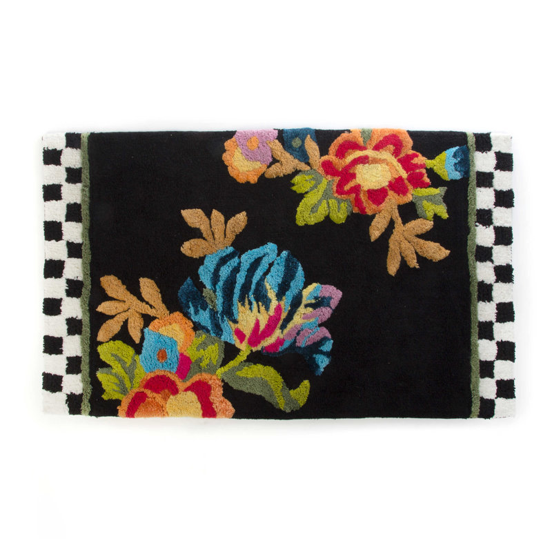 Flower Market Standard Bath Rug, 22" W x 36" L, Black