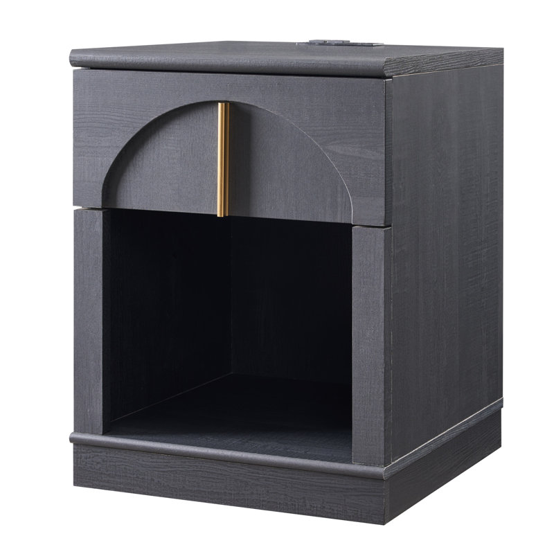Nightstand With Charging Station, 18" Side Table With Drawer & Open Shelf, Arch Design, Black