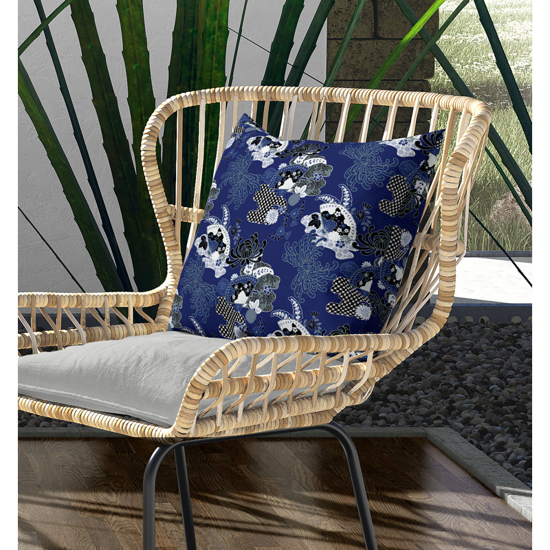 Coussin décoratif réversible damier intérieur / extérieur, Bleu / noir / blanc, H 20 po x l 20 po