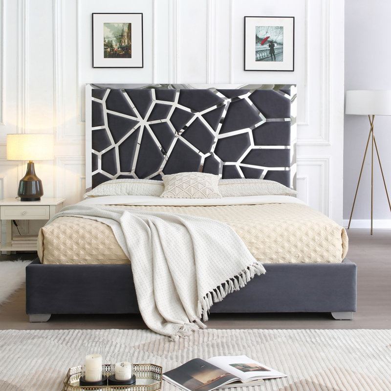 Upholstered Metal Platform Bed, Queen, Gray