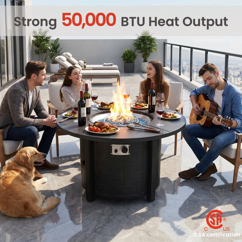 42" Round Propane Fire Pit Table, 50,000 Btu Outdoor Auto-ignition Gas Firepit With Removable Lid & Waterproof Cover, Glass Decoration