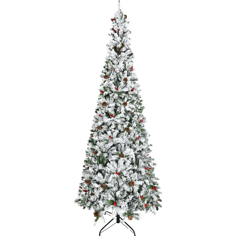 Arbre de Noël artificiel enneigé 9 pi avec des branches de pin réalistes, pommes de pin, baies rouges, ouverture automatique