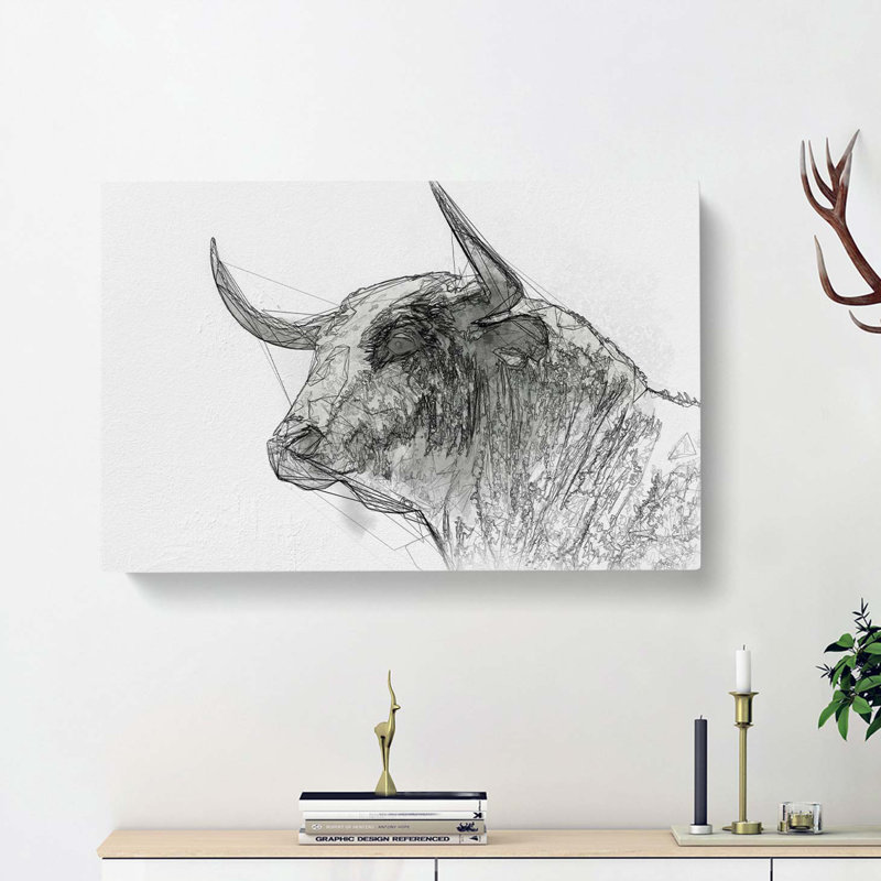 Stone Statue of a Bull in Abstract - Wrapped Canvas Drawing - Wrapped Canvas, 35cm H x 50cm W x 3cm D