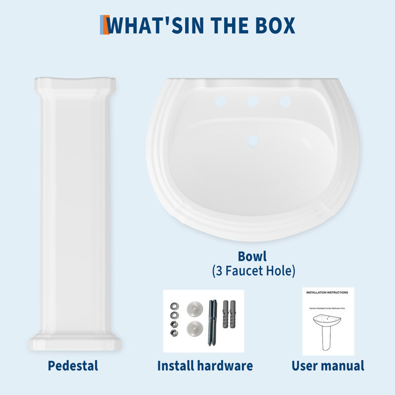 Vintage 20" x 26" White Pedestal Bathroom Sink with Overflow, Ceramic Freestanding Basin with 3 Pre-Drilled Holes
