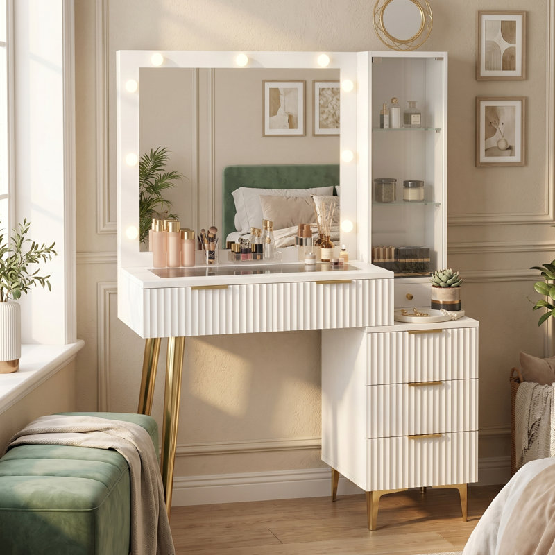 Meuble-lavabo large, bureau de maquillage avec miroir, coiffeuse à 5 tiroirs, coiffeuse à plateau en verre pour chambre à coucher