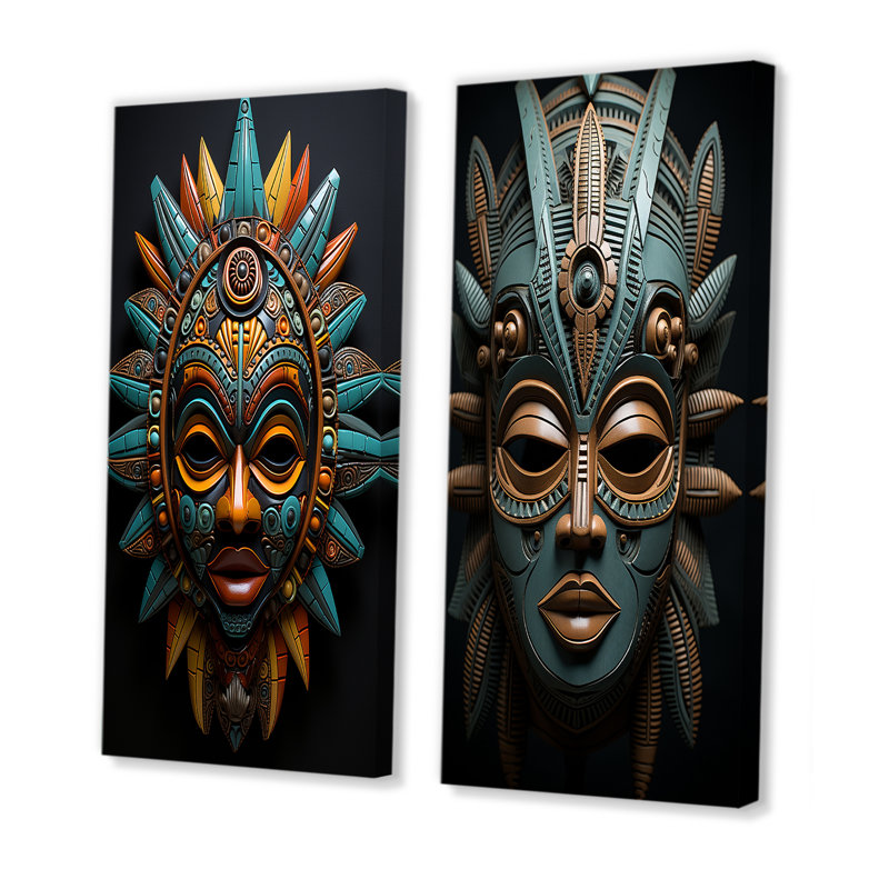 "Masque tribal africain", 2 pièces sur toile, Toile tendue, H 32 po x l 32 po