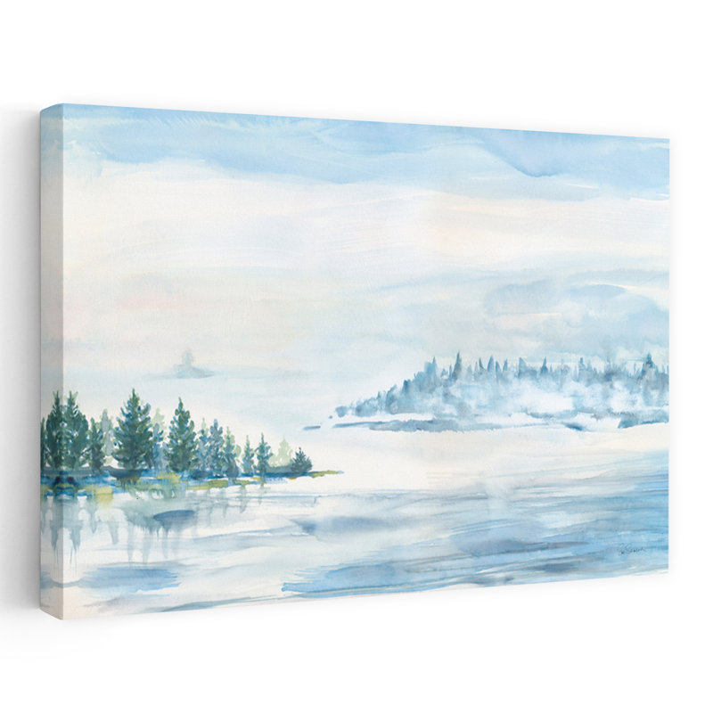 Lac brouillard contemporain bleu gris blanc brouillard à feuilles persistantes, H 24 po x l 16 po