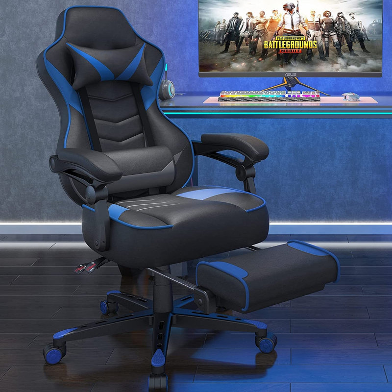 Fauteuil d'ordinateur ergonomique pour adultes à dossier haut avec repose-pieds et soutien lombaire, Noir / Bleu