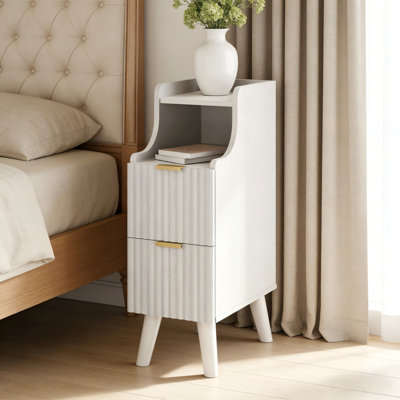 Slim Fluted Nightstand with 2 Drawers, Narrow Bedside Table with Open Shelf, Space-Saving Wooden Side Table for Bedroom & Living Room
