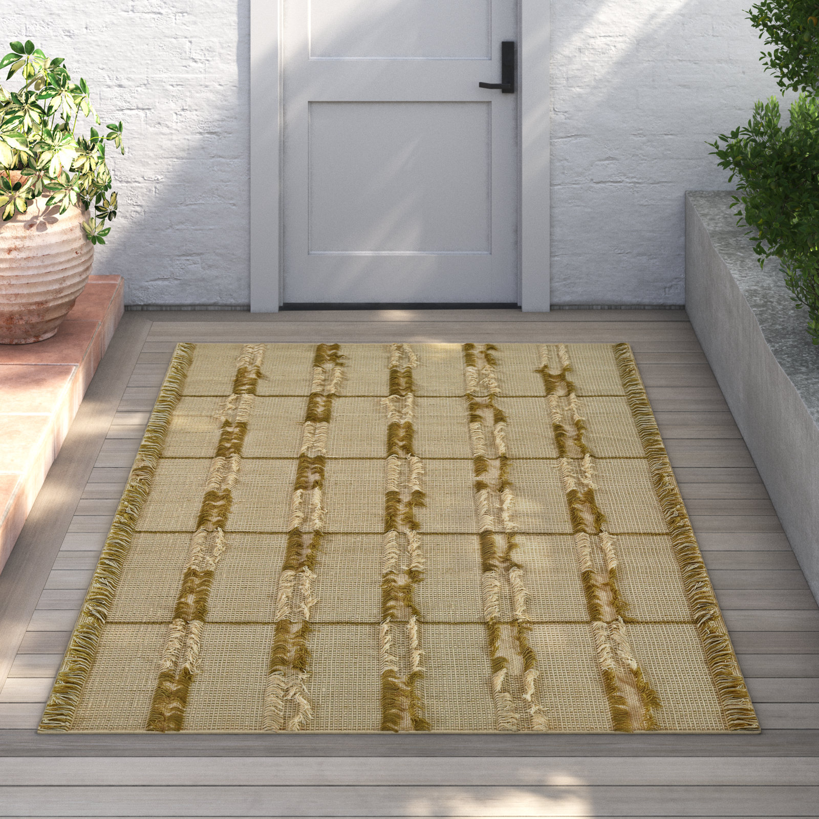 Ganya Green Hand-Woven Striped Wool Rug, Rectangle 5' x 8'