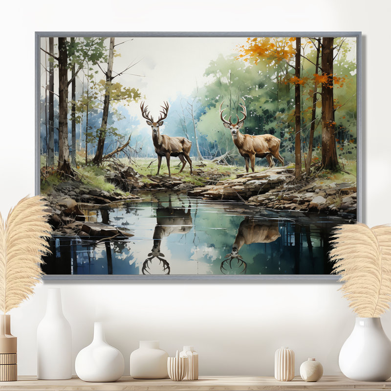 «Deer Majestic Reflections - Deer», reproduction d'art sur toile encadrée, H 30 po x l 40 po, Natural Floater Framed