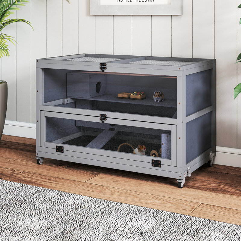 Cage à hamster en gris, plateau en bois avec plateau amovible, roulettes, plateau et façade ouverts, tunnel d'escalade équipé pour les tunnels gris d'activité et à l'avant - Rats de souris pour petits animaux idéaux, niveaux multiples