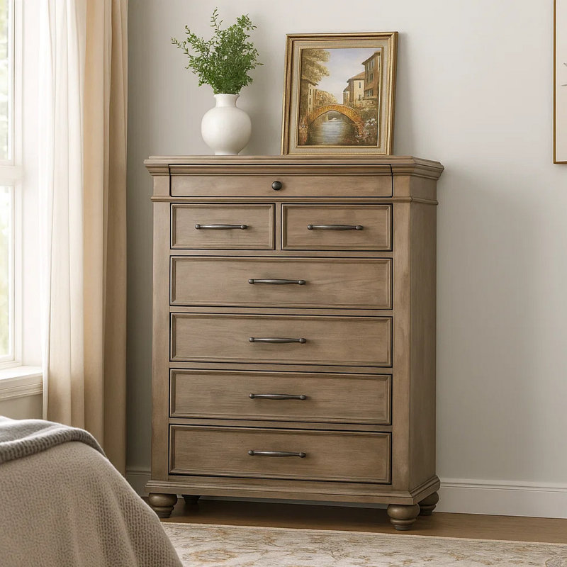 Zea Tall Dresser Chest For Bedroom, 7 Drawers, Aged Oak Brown