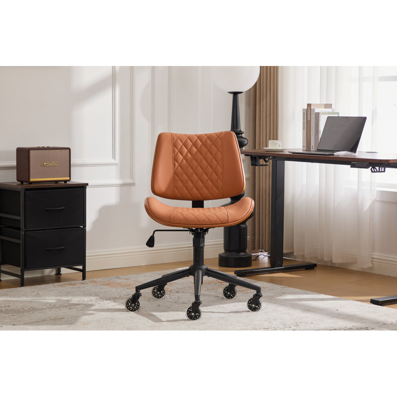 Modern Executive Armless Office Desk Chair with Bentwood Backrest, Premium Leather, Silent Wheels, Easy Assembly, Brown